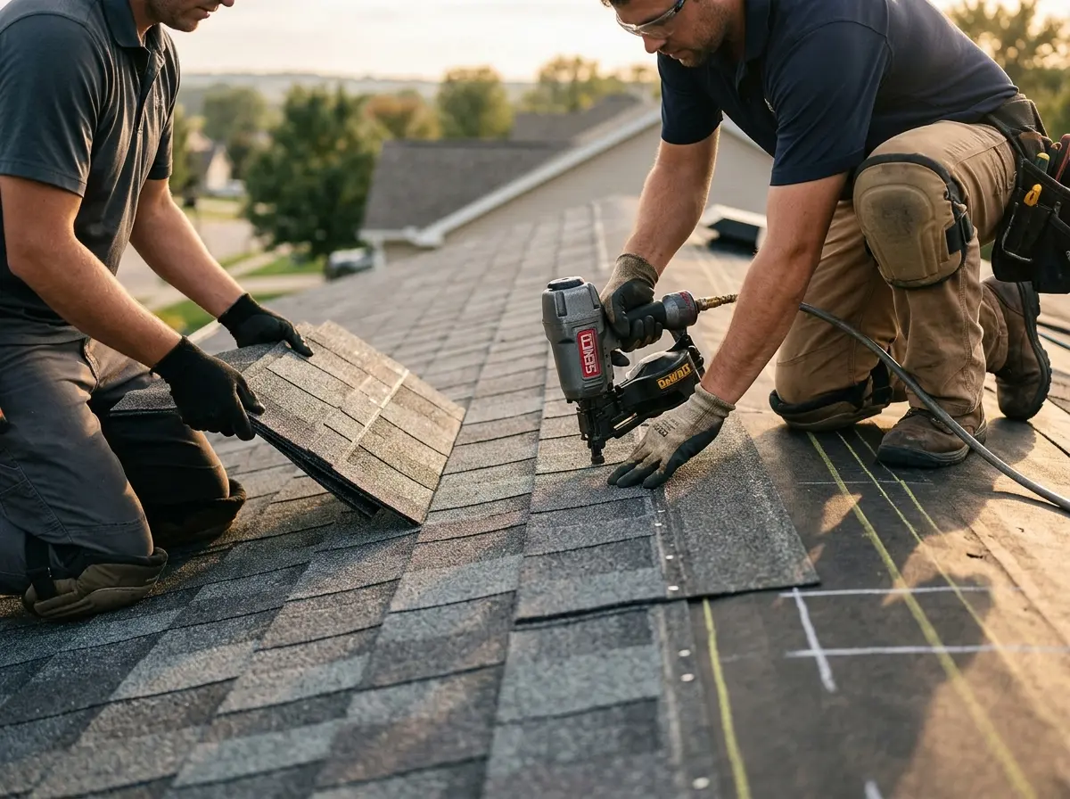 Professional roofer working on a residential roof in North Star
